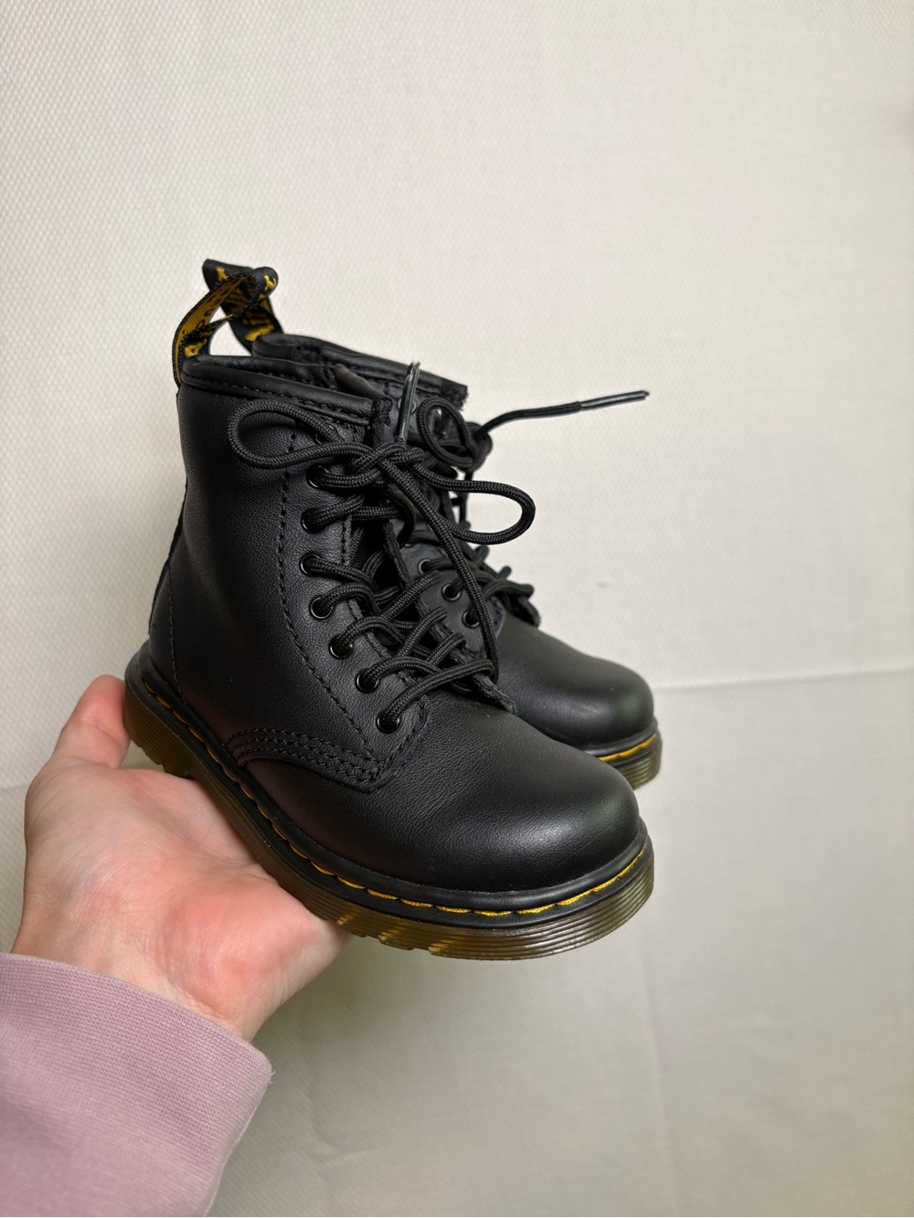 Dr. Martens Kids Black Lace-Up Combat Boots with Yellow Stitching